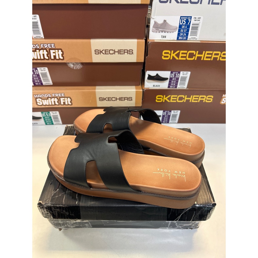 Nicole Miller Trams Sandals Womens 9 Black H-Band Platform Slide New 0645